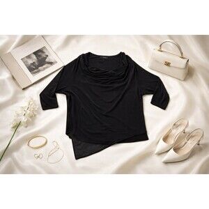 Karen Kane 1X Black Sheer Overlay Top Made USA Draped Asymmetrical Lined